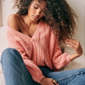 LA MAILLE SÉZANE Augustino  Mohair Pink Deep V Fancy Knit Cardigan XS Like New